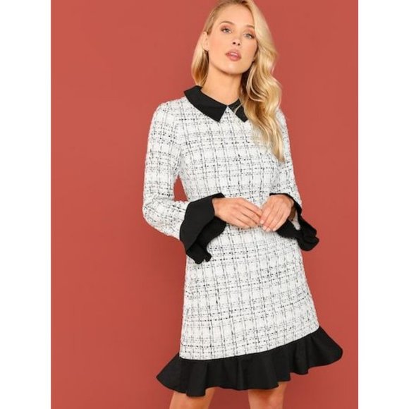 SHEIN Dresses & Skirts - Shein Dress Tweed Ruffle Collared Retro Classic Preppy Black White S